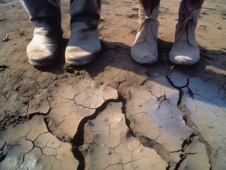 Two feet â one in sandal the other foot â side by side in muddy ground demonstrating the disparity between men and womens economic. AI generationの素材