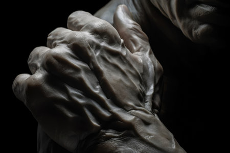 Unwavering Determination The steadfast look of a determined chin and firm hands exemplifies the unyielding dedication of an enduring. AI generationの素材