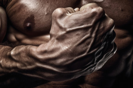 Sharp definition of muscle as a person is captured in a closeup showing the effects of a rigorous training.. AI generationの素材