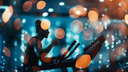 A person in their home gym working out while the AI home assistant provides music and exercise guidanceの素材