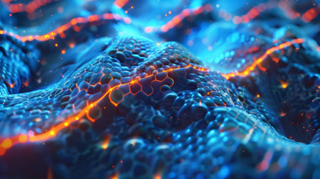 A beautifully complex neural network with each hexagon representing a different synapse and the flow of hexabyte data representing the firing of electrical signalsの素材