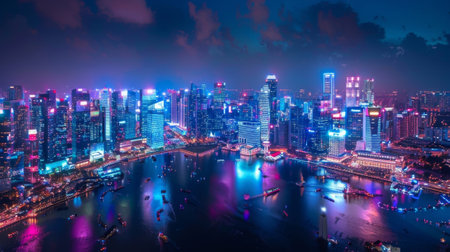 A panoramic view of the cityscape dotted with air taxis and illuminated by the lights and energy of the cultural festivalの素材