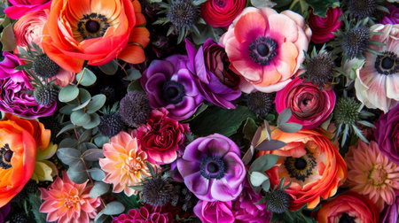 A modern twist on a classic bouquet with vibrant anemones ranunculus and greenery all sourced from sustainable flower farmsの素材