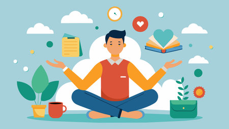 Encouraging a healthy worklife balance by setting realistic workload expectations and promoting selfcare practices such as meditation or exercise.. Vector illustration.の素材