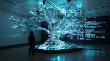 A sculpture made from wires and LED lights showcasing realtime stock market data in a visually stunning formの素材