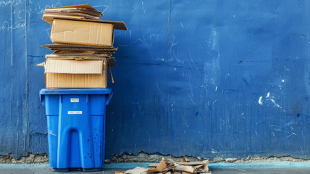 A stack of flattened cardboard boxes next to a blue recycling bin awaiting pickupの素材