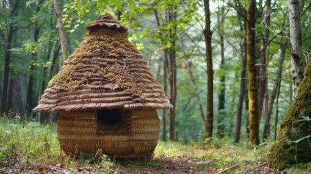 A straw skep hive commonly used in ancient beekeeping ods p in a tranquil forest settingの素材