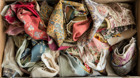 A box full of old fabric scraps to be used for creating unique fabric collagesの素材