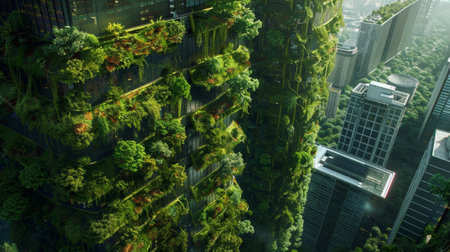 The rainforest city was a true marvel of sustainable engineering with buildings featuring green roofs and walls covered in plants and vinesの素材