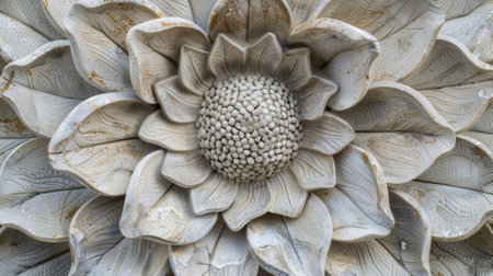 A circular stone sculpture resembling a blooming flower with delicate petals and a central textured stamenの素材