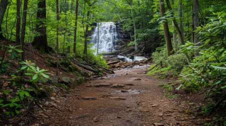 A treelined path leads to a hidden waterfall tucked away in the forestの素材