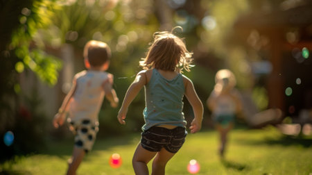 Children run around chasing each other with toy lassos their imaginations fully captured by the onscreen adventuresの素材