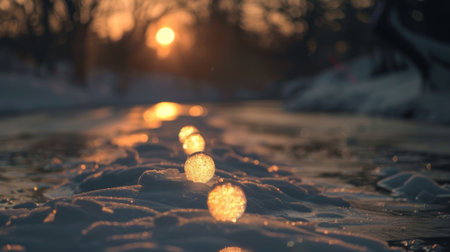 The moons reflection creates a chain of luminescent pillars illuminating the frozen landscapeの素材