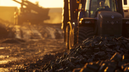 Tractors and trucks transport large loads of dried peat to the briquette processing plantの素材