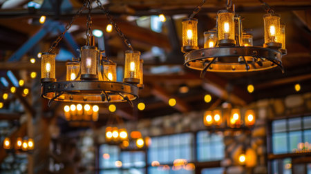 Admire the intricate design of wagon wheel chandeliers casting a warm glow over the wooden and stone accentsの素材