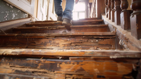A team of conservators carefully strips away layers of paint and varnish from a wooden staircase revealing the natural beauty of the original woodの素材