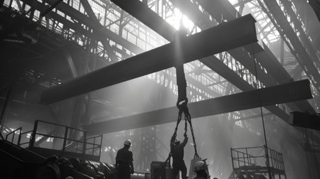 A team of steelworkers uses specialized equipment to lift and secure a large steel truss into place the final piece of the frameworkの素材