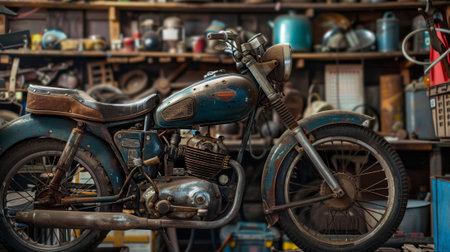 Next to a vintage motorcycle an oil can rests on a shelf ready to keep the engine running smoothlyの素材