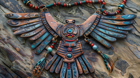 A dramatic statement necklace made from handforged copper and featuring a large thunderbird pendant accented with colorful beads and feathersの素材