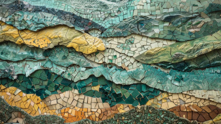 A stunning mural created entirely from bits of broken glass and ceramic arranged to form a stunning landscapeの素材