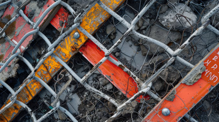 An overhead view of a temporary chainlink fence marked with progress updates and safety reminders crumbling due to ongoing constructionの素材