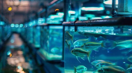 A network of IoTconnected fish tanks being powered by renewable energy sources showcasing sustainable practices in aquacultureの素材