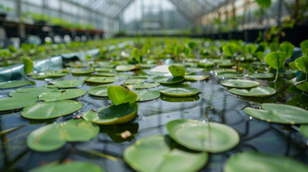 A greenhouse on the farm where aquatic plants are grown to provide a natural food source for the fishの素材