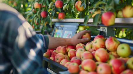 A worker monitoring a digital screen displaying realtime data of the automated fruit sorter in an apple orchardの素材