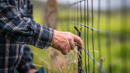 A farmer adjusting the electric voltage of a smart fence allowing for customizable levels of animal containmentの素材