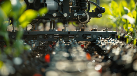 A closeup of a precision planting machines mechanism showing the intricate parts working together to efficiently plant cropsの素材