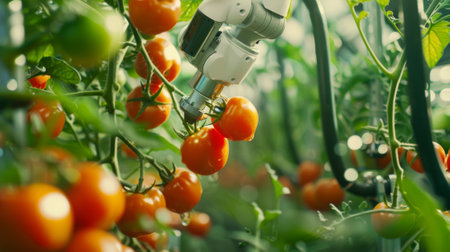 A robotic arm gently picking ripe tomatoes from a vine in an automated aquaponics systemの素材