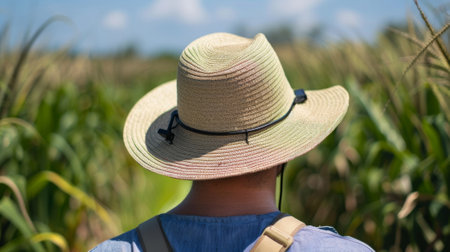 A sensorequipped smart hat worn by a farmer to detect pest activity and trigger repellent spraysの素材