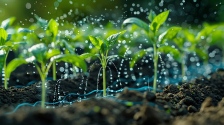 A smart fertilizer dispenser is integrated into an irrigation system delivering nutrients directly to the plant rootsの素材