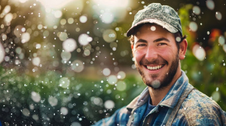 A smiling farmer stands next to their smart fertilizer injection system proud of the ecofriendly and costeffective solution it providesの素材