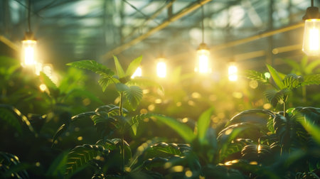 Artificial lighting fixtures installed in a greenhouse with builtin sensors that adjust the temperature in response to changes in natural light levelsの素材