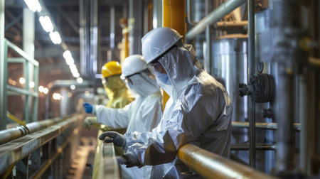 A team of workers in protective gear tending to the furnace carefully monitoring its operationの素材