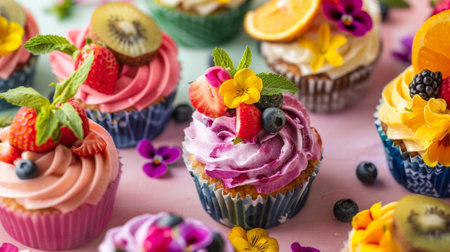 A colorful array of tropical themed cupcakes each topped with a different fruit frosting and edible flower decorationsの素材