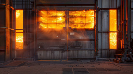 The furnaces massive steel doors revealing the intense heat and fire raging insideの素材