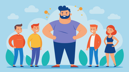 With improved confidence and selfesteem the man no longer shies away from social events or gatherings instead choosing to embrace his healthy weight gain journey and share his. Vector illustration.の素材
