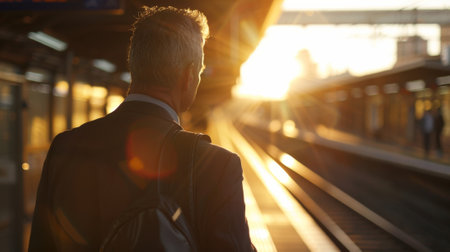A businessman with suit jacket slung casually over shoulder stands near the edge of the platform as waits for the train. .の素材
