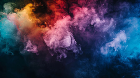 A surreal scene unfolds as multicolored smoke takes center stage against a pitch black backgroundの素材