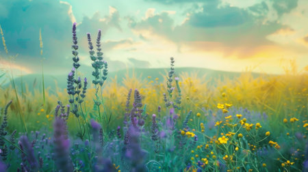 With each breath hues of turquoise lavender and lemon yellow fill the air bringing a sense of calm and tranquilityの素材