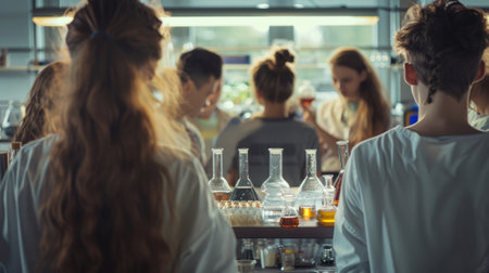 In a science lab a group of students are gathered around a table conducting an experiment. backs are turned to the camera as .の素材
