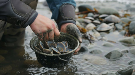 Viewers are taken on a foraging adventure as the host collects fresh clams for an islandstyle clam bakeの素材