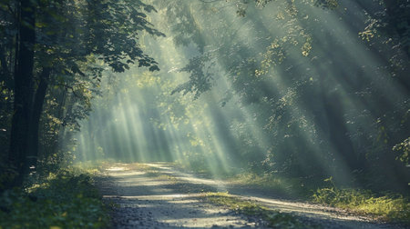 Sunlight filters through the thick canopy creating a dappled effect on the road making it feel like a secret path. . AI generationの素材