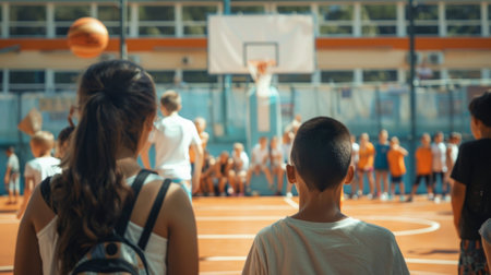 A group of parents stand on the sidelines backs to the camera as they cheer and support children on the court. .の素材