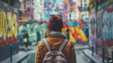 The busy city street fades into the background as a person stands facing away from the camera attention fully captured by the .の素材