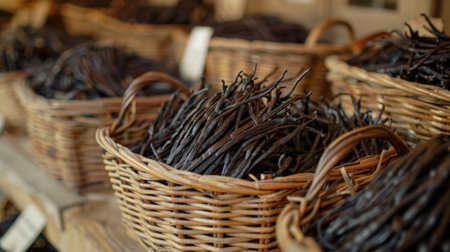 Baskets of plump fragrant vanilla beans beckon with their sweet scentの素材