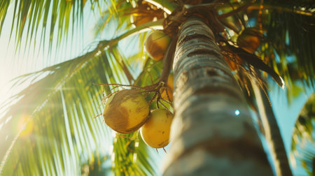 The camera follows the host as they climb a tree to gather coconuts which are then used to make a creamy island dessertの素材