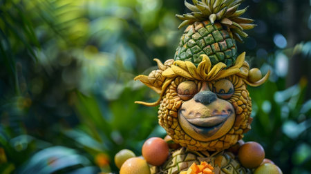 A trollinspired sculpture made from bananas with a pineapple hat and g eyes sitting amidst a fruit forestの素材